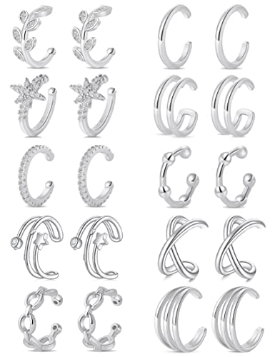 4-10 Pairs Stainless Steel Ear Cuff Helix Cartilage Clip On Wrap Earrings Fake Nose Ring Non-Piercing Adjustable - color: A7:10Pairs, Silver Tone
