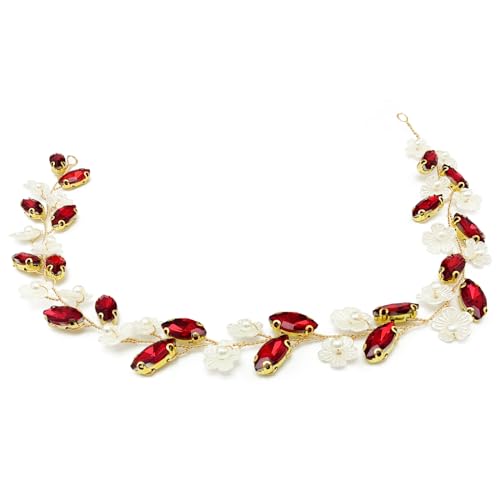 Bridal Crystal Flower Headband Wedding Rhinestone Pearl Floral Hair Vine Headpiece Accessories for Women Girls (Wine Red Crystal Gold Vine) - color: Wine Red Crystal Gold Vine