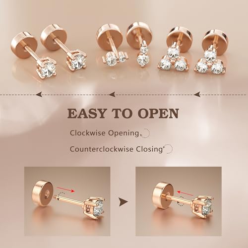 14K Gold Plated 925 Sterling Silver Flat Back Earrings Set | Hypoallergenic Cartilage Helix Conch Tragus Piercing Jewelry 3 Pairs Small Screw Dainty CZ Opal Earring Set Men Women - color: Rose Gold, Style D