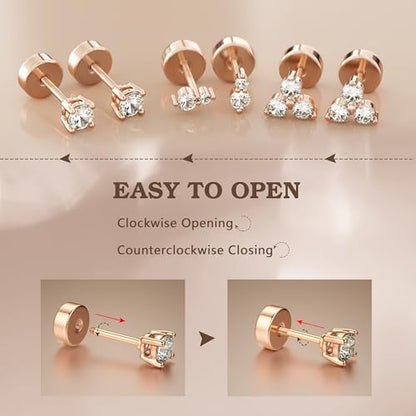 14K Gold Plated 925 Sterling Silver Flat Back Earrings Set | Hypoallergenic Cartilage Helix Conch Tragus Piercing Jewelry 3 Pairs Small Screw Dainty CZ Opal Earring Set Men Women - color: Rose Gold, Style C