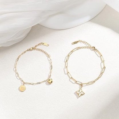 18K Gold Plated Paperclip Link Chain Bracelet with Charms, Gift with a Box - color: Heart and Good Luck