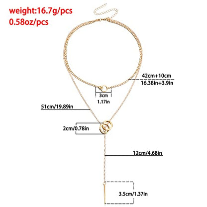 PLOUTOS Double Circle Layered Choker Lariat Necklace for Women Tassel Long Bar Pendant Adjustable Chain Y Shaped Collarbone Style Two Colors Silver Gold Alloy - color: Gold
