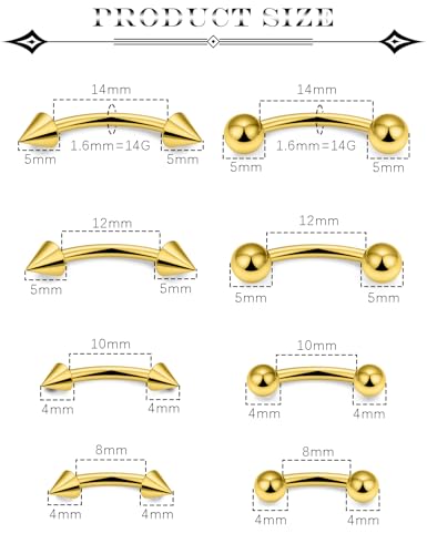 14G Snake Eyes Piercing Jewelry Tongue Curved Barbell Surgical Steel Belly Button Ring Eyebrow Piercing Jewelry Vertical Labret Lip Jewelry for Women Men Bar Length 8mm 10mm 12mm 14mm - color: 8pcs,14g,ball+spike,goldtone