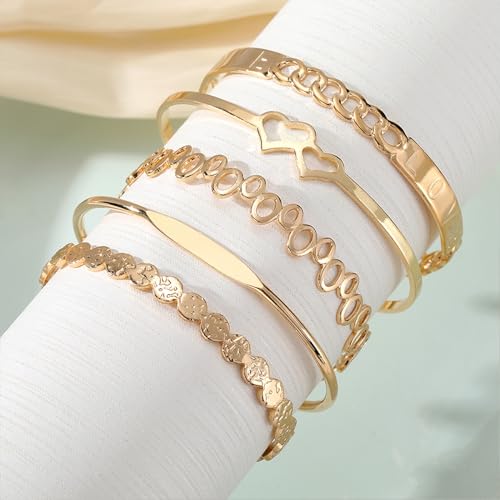 IFKM Gold Bangle Bracelets For Women, 14k Gold Plated Multi Layer Stackable Cuff Bracelet Set, Trendy Elegance Charms Non Tarnish Minimalist Textured Boho Jewelry Gift for Women - style: LOVE both