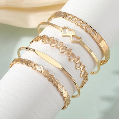 IFKM Gold Bangle Bracelets For Women, 14k Gold Plated Multi Layer Stackable Cuff Bracelet Set, Trendy Elegance Charms Non Tarnish Minimalist Textured Boho Jewelry Gift for Women - style: LOVE both
