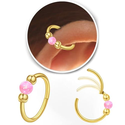 2 Pcs Small Cartilage Hoop Earrings for Women Men, 18G Opal Silver Earrings Hypoallergenic 316L Surgical Steel Hinge Huggie Hoop Earrings for Helix,Tragus,Conch,Rook,Earlobe Piercing Jewelry Nose Ring - style: 2Pcs 8mm Pink Opal/Gold