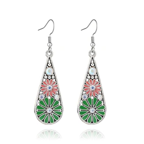 MALOYANVE Bohemian Crystal Teardrop Earrings for Women Vintage Tribal Geometric Enamel Rhinestone Hollow Flower Earring Handmade National Statement Jewelry Gift - color: Orange Blue Silver