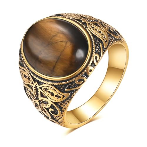 Retro Large Tiger Eye Stone Turquoise Wedding Ring For Men Classical Gothic Stainless Steel Rings - color: Gold-Coffee