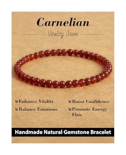Natural Stone Beaded Bracelets for Men Women, 4mm 6mm 8mm | Healing Crystal, Protection Gemstone, Gift Packaging with Energy Card, Stretch Jewelry, Replacement Beads Included, 18 Stone - color: Carnelian(Luck & Vitality), size: 4mm