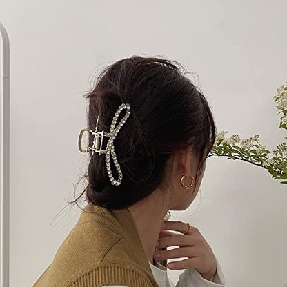 Metal Hair Clips Imitation Pearl Rhinestone Non Slip Hair Claw Clamps Barrettes Decorations for Thin Thick Hair, Crystal Bow Hairpin for Women Ladies(2 Pack)