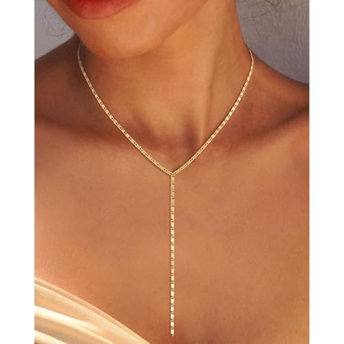 Lariat Gold Necklace for Women, 14K Gold Plated Dainty Drop Y Necklace, Waterproof Non Tarnish Long Layered Beaded Chain Lariat Necklace Prom Jewelry Summer Vacation Gift for Her - color: Gold-2