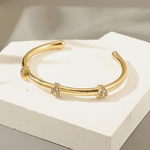 18K Gold Filled Cuff Bracelet for Women, 6.5" Inner Circ.Bracelet Bangle with Cubic Zirconia Stones Hinged Jewelry with Crystal, Fits 5.8”–6.5” Wrists