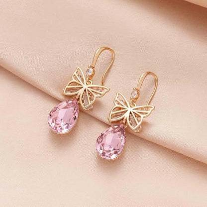 Austrian Crystal Teardrop Butterfly Drop Dangle Earrings for Women 14K Rose Gold Plated Hypoallergenic Jewelry - color: Pink