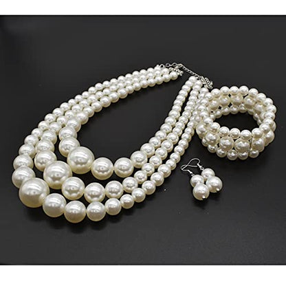 Big Chunky Pearl Necklace and Earrings Set Large Costume 1920s Faux Pearls Gatsby Accessories - color: A-White