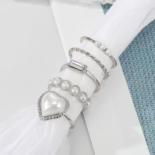 Layering Rings for Women, Adjustable Stainless Steel Joint Finger Cubic Zirconia Stackable Thumb Rings Band for Statement Open Knuckle Stacking for Women - color: Silver Heart 5PCS