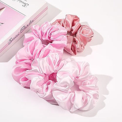 Satin Hair Scrunchies for Women's Thick Curly Hair - Big Ponytail Holders and Hair Ties for Girls, Cute No Crease No Damage Pony Tails - color: Pink