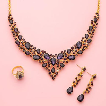 Paxuan Crystal Bridal Wedding Jewelry Sets for Women Rhinestone Teardrop Crystal Statement Choker Necklace Drop Earrings Link Bracelets Rings Teardrop Jewelry Set for Brides Bridesmaids - color: Gold Plated Purple Crystal