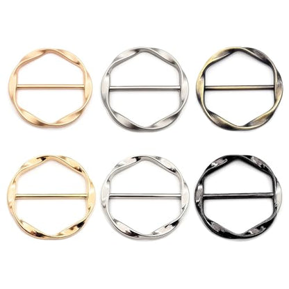 6Pcs Silk Scarf Ring Clip, T-shirt Tie Clips for Women Girls, Twist Tee Knot Ring, Waist Clothes Corner Button, Fashion Metal Circle Buckle, Round Scarves Clasp