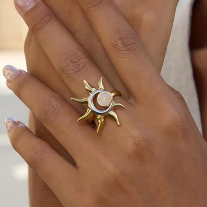 Sun and Moon Adjustable Ring for Women Stainless Steel Open Band Statement Ring Gold and Silver Celestial Jewelry Gift