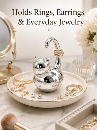 Cat Ring Holder Jewelry Dish–White & Silver Fat Cat Ceramic Trinket Tray,Birthday,Wedding,Graduation Gift for Women & Girls,Rings Earrings Necklaces Bracelets–Vanity,Nightstand,Dresser,Bathroom - color: Fat Cat