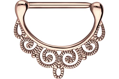 PIERCINGLINE 14G Surgical steel nipple piercing oriental design nipple jewelry barbell 1 PC - color: Rosegold, size: 16 mm bar length
