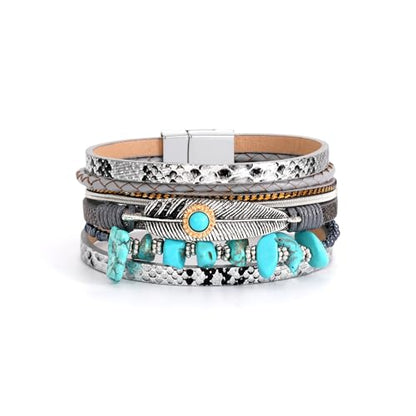 Bracelets for Women, Gifts for Mom Her Christmas Gift 2026 Leather Bracelets for Women Birthday Gift for Daughter Inspirational Wrap Bracelet Sister Friend Teen Girl Gift Layered Stocking Stuffers Jewelry - style: Silver-Turquoise