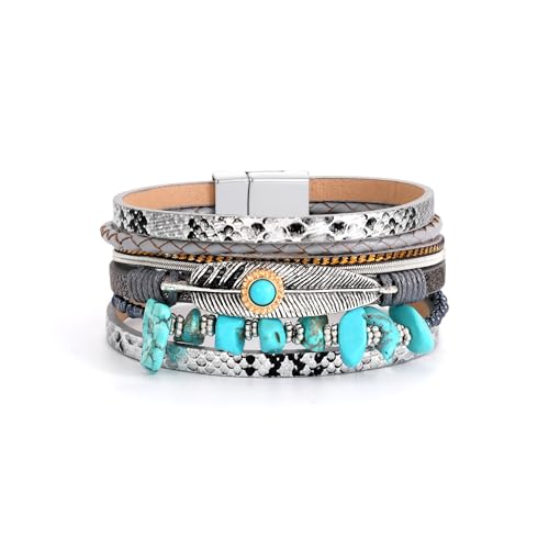 Bracelets for Women, Gifts for Mom Her Christmas Gift 2026 Leather Bracelets for Women Birthday Gift for Daughter Inspirational Wrap Bracelet Sister Friend Teen Girl Gift Layered Stocking Stuffers Jewelry - style: Silver-Turquoise