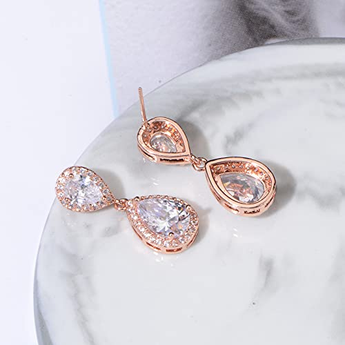 Pave Teardrop Earrings for Wedding Sterling Silver Double Pear Shaped CZ Cubic Zirconia Crystal Rhinestone Birthstone Dangle Earrings Bridal Jewelry for Bride Bridesmaids - color: Rose Gold