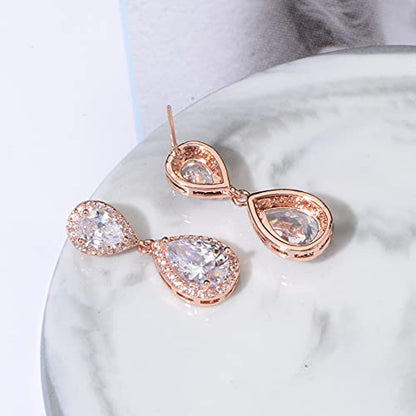 Pave Teardrop Earrings for Wedding Sterling Silver Double Pear Shaped CZ Cubic Zirconia Crystal Rhinestone Birthstone Dangle Earrings Bridal Jewelry for Bride Bridesmaids - color: Rose Gold