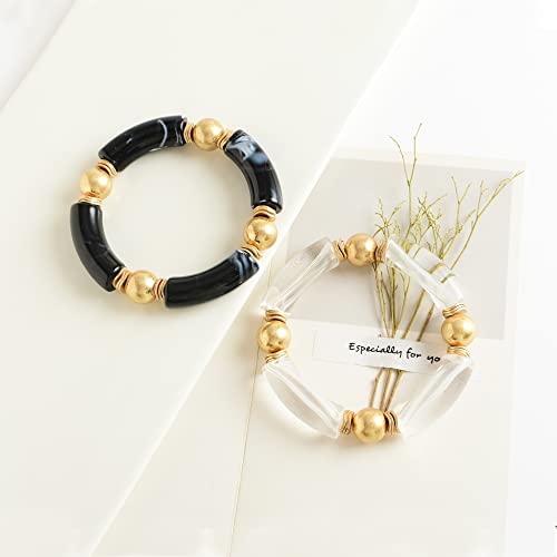 LALAPPLE Gold Plated Beaded Acrylic Bamboo Tube Bangle Bracelets for Women, Colorful Chunky Curved Tube With Gold Plated Pieces Beads Stretch Bracelet Friendship Summer Beach Jewelry - color: R-Black&Clear 2pcs