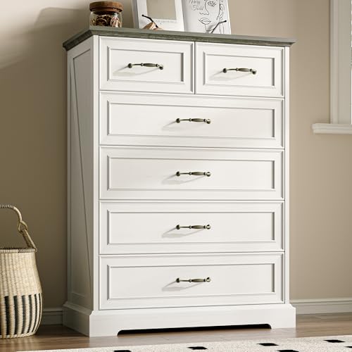 Farmhouse 6 Drawers Dresser for Bedroom, 43" Tall Modern Chest of Drawers with Deep Drawers & Bar Handles, Rustic Wood Dresser TV Stand, Wooden Closet Storage Organizer for Living Room, Hallway, White - color: White, size: 15.8"D x 31.5"W x 43"H (6 Drawer