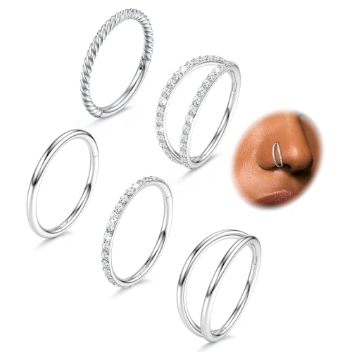 CASSIECA 5Pcs 18G 16G Surgical Steel Nose Rings Hoop for Women CZ Clicker Hinged Septum Ring Lip Helix Cartilage Double Hoop Earring Daith Rook Conch Body Piercing Jewelry for Women 8mm 10mm - style: Silver: 18G-10mm-X