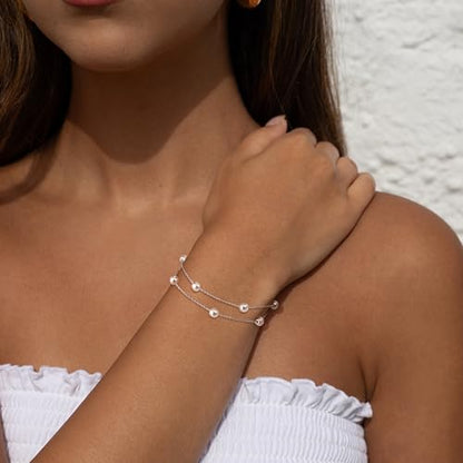 NECOCY 14K Gold Plated Pearl Bracelets for Women, Dainty Bracelets Stack Trendy Pearls Beaded Link Chain Charm Bracelets Set Layered Tiny Wedding Prom Jewelry Gift for Women Mother's Day Graduation - style: Style-2-Silver