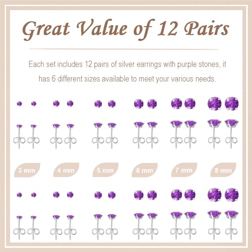 12 Pairs Stud Earrings Set, Hypoallergenic Surgical Stainless Steel 316L Earring for Women Men, Small Earring Studs Pack with Cubic Zirconia - color: Purple-6 Sizes-3，4，5，6，7，8
