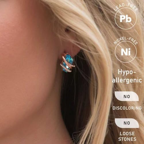 Gifts for Women, Wish Stone Stud Earrings with Birthstone Crystals, 18K Rose Gold Plated or Silver-tone - color: 103-March December-Aquamarine Blue-Rose Gold Plated