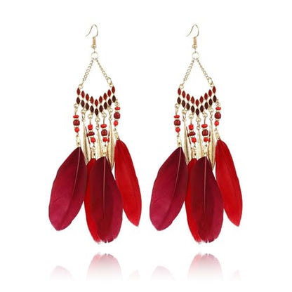 Faux Feather Fringe Tassel Long Dangle Earrings for Women | Bohemian Women Tassel Drop Jewelry - color: dark red