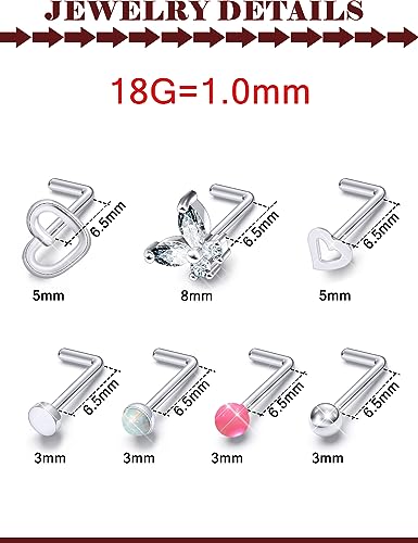 Prjndjw 20G 18G Nose Rings Studs Surgical Steel Nose Stud Glow Dark Heart Opal CZ Flower Nose Piercing Jewelry Nose Rings for Women Straight Screw L Shaped Nose Rings Hypoallergenic Nose Piercing Kit - color: 18G-L Shape nose rings