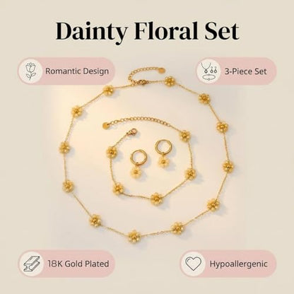 Daisy Pearl Jewelry Set for Women, 14K Gold Plated Stainless Steel Necklace Bracelet Earring 3 Piece Set, Dainty Pearl Choker Flower Necklace Birthday Gift for Her - color: Champagne