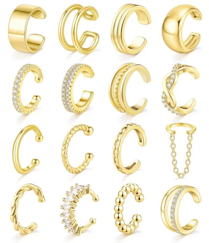 Giovanchi 16Pcs Ear Cuffs Non Piercing Ear Cuff Earrings for Women | 14K Gold Plated Ear Cuff, Adjustable, Non Pierced Ears, Clip on Cartilage Earring Fake Earrings Set - color: A-14K Gold Plated