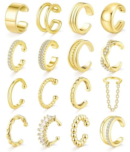 Giovanchi 16Pcs Ear Cuffs Non Piercing Ear Cuff Earrings for Women | 14K Gold Plated Ear Cuff, Adjustable, Non Pierced Ears, Clip on Cartilage Earring Fake Earrings Set - color: A-14K Gold Plated