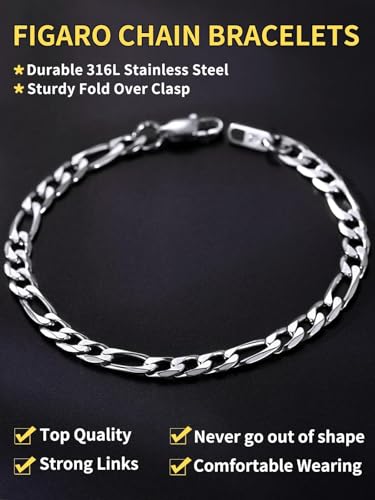 ChainsHouse Figaro Link Chain Bracelet for Men Stainless Steel Jewelry | Black/ Gold Bracelets Men, 6/9/13mm Figaro Cuabn Bracelets 7.5"/8.3", Chunky Hip Hop Wrist Hand Chain Bracelet for Gift - color: e: 6mm-stainless