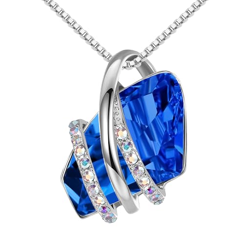 Leafael Wish Stone Pendant Necklace with Birthstone Crystal, 18K Rose Gold Plated/Silvertone, 18" + 2" - color: 209-September-Sapphire Blue-Silvertone