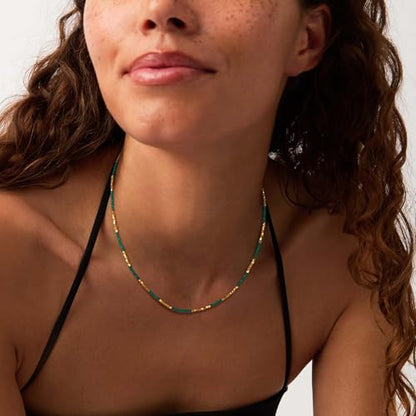 MTMY Beaded Gemstone Choker Necklace for Women | 14K Gold Plated, Colorful Natural Stone, Bead Chain, Boho Summer Beach, Handmade Jewelry - color: Green Agate