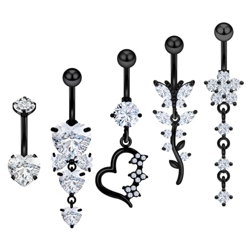 Vsnnsns 14G Dangle Belly Button Ring Piercing Jewelry 316L Stainless Surgical Steel Navel Rings Cubic Zirconia Heart Flower CZ Dangling Belly Button Ring Piercing Jewelry for Women 14 Gauge - color: Black-Clear CZ