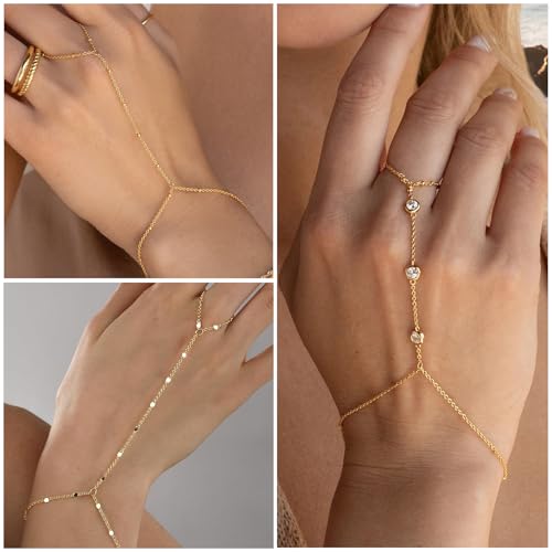 3PCS 14K Gold-Plated Hand Chain Bracelets for Women, Stack Bracelets Set Adjustable, Trendy Dainty Ring Bracelet Hand Chain - color: gold-3-A