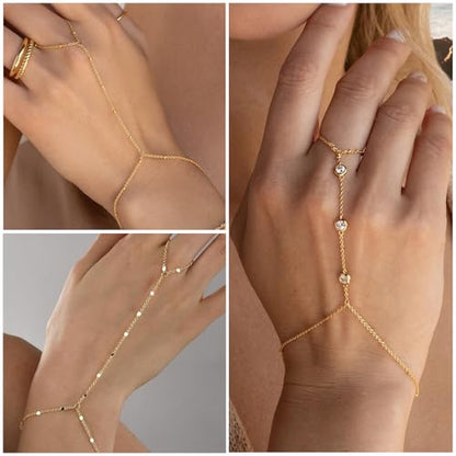 3PCS 14K Gold-Plated Hand Chain Bracelets for Women, Stack Bracelets Set Adjustable, Trendy Dainty Ring Bracelet Hand Chain - color: gold-3-A