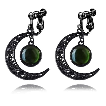 Gothic Moon Clip On Earrings for Women Black Filigree Dangle Moon Earrings Halloween Witch Earring Colorful Crystal Vampire Earring Accessories Halloween Jewelry Gifts - color: Green