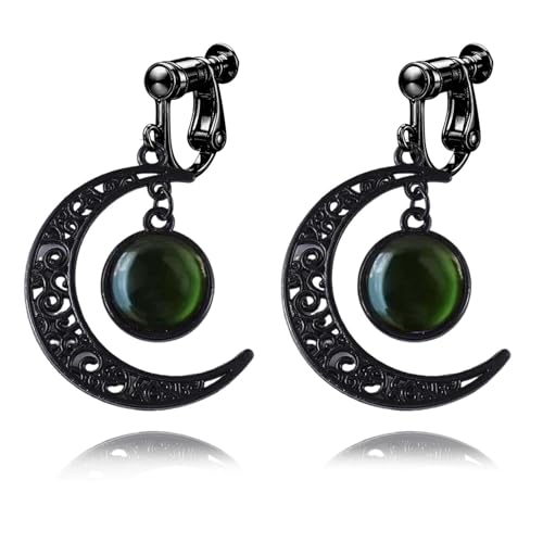 Gothic Moon Clip On Earrings for Women Black Filigree Dangle Moon Earrings Halloween Witch Earring Colorful Crystal Vampire Earring Accessories Halloween Jewelry Gifts - color: Green