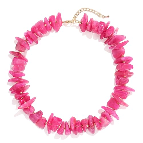 Elegance 11 designs Chunky Heart Necklace for Women, Colorful Acrylic Beaded Statement Puff Heart Necklace, Cute Boho Y2K Choker Necklace for Gift Jewelry - color: Hot Pink