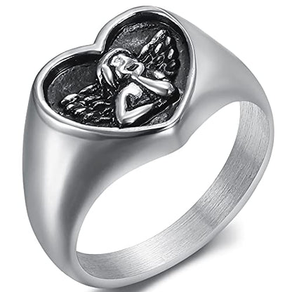 Jude Jewelers Stainless Steel Heart Shaped Signet Style Angel Pattern Statement Promise Wedding Ring - color: Silver